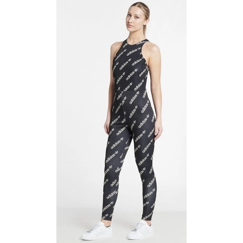 Adidas‎ Originals Women's Logomania Monogram Print Catsuit Jumpsuit Black XS - Picture 2 of 14